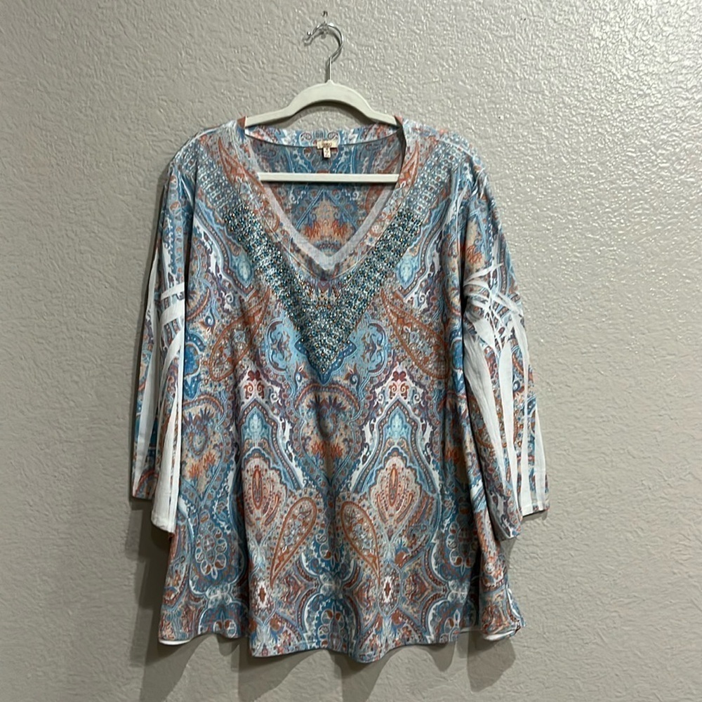 Reba Women's  3/4 Sleeves V Neck Blouse Blue Orange Plus Size 1X Boho Paisley
